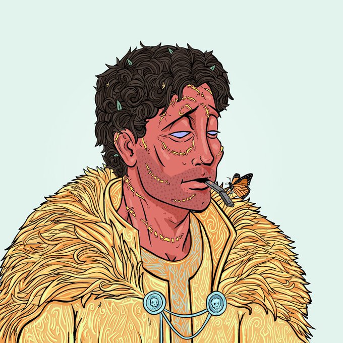 An illustrated portrait depicts a man with curly dark hair, a cigarette in his mouth, and a butterfly resting on it, wearing a yellow garment with a fur collar and a clasp featuring skull emblems.