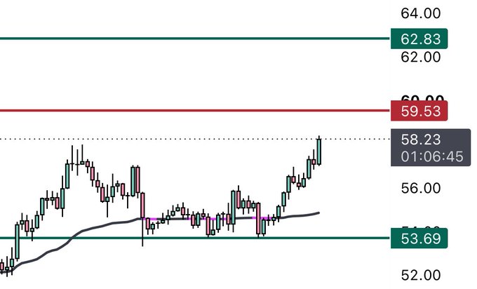 A financial trading chart showing candlestick patterns with horizontal support and resistance levels marked at 62.83, 59.53, 58.23, and 53.69, with a timestamp of 01:06:45.