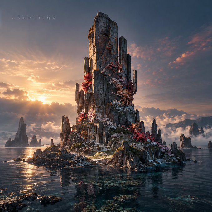 A digital artwork titled "ACCRETION" depicting a towering rock formation covered in pink and white blossoms rising from the ocean at sunset.
