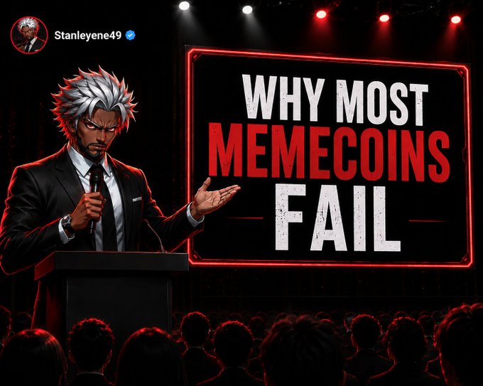 An anime-style silver-haired character in a black suit speaks at a podium with a microphone, gesturing toward a large red and white sign reading "WHY MOST MEMECOINS FAIL," with a silhouetted audience visible in the foreground. The username "Stanleyene49" appears at the top, complementing the post's message that lasting memecoin projects succeed through strong communities and continued building rather than fleeting hype.