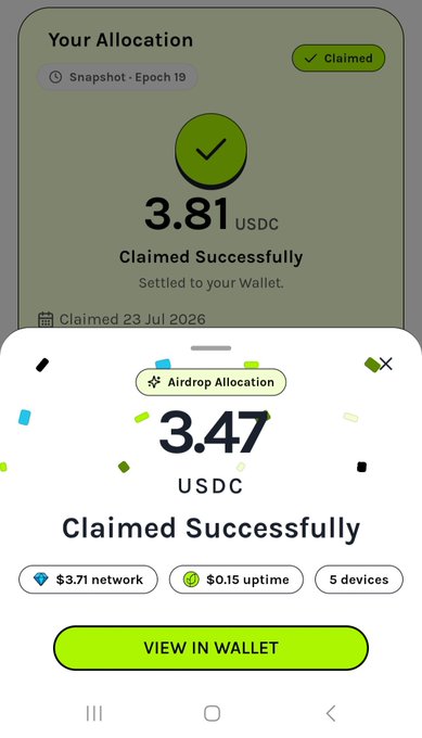 A mobile app screen showing 'Your Allocation' of 3.81 USDC and an 'Airdrop Allocation' of 3.47 USDC, both marked 'Claimed Successfully' on 23 Jul 2026.