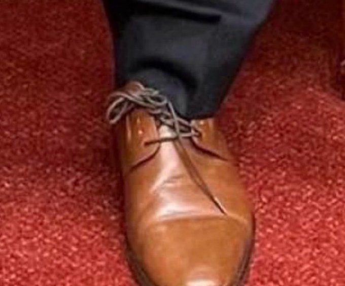 A brown leather shoe with laces rests on a red carpet, worn with dark pants.