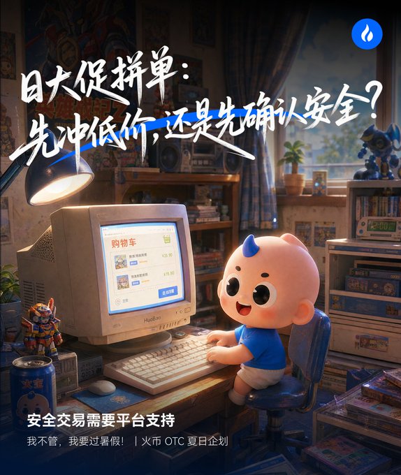 A Chinese promotional poster featuring a cartoon character at a retro computer with Chinese text about safe trading and '火币 OTC 夏日企划' (Huobi OTC Summer Plan).