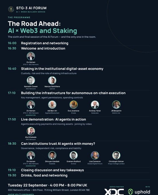 A promotional poster for the 'STG-3 AI FORUM' event titled 'The Road Ahead: AI × Web3 and Staking', listing a detailed program with speakers, times, and location details for an event in London.