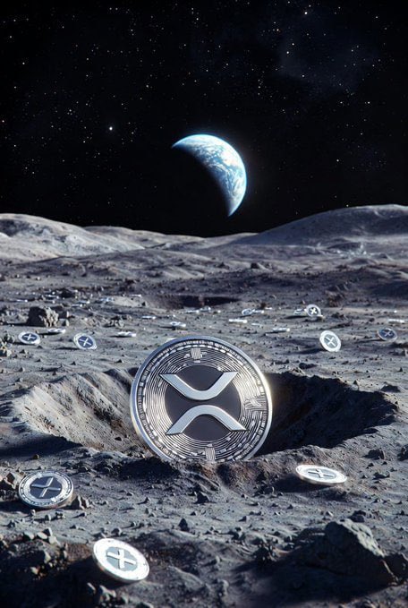 A silver XRP (Ripple) cryptocurrency coin standing upright in a crater on the lunar surface, with additional coins scattered around and Earth visible in the black sky above.