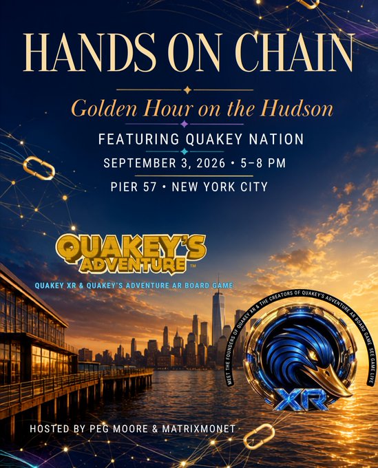 A promotional event poster titled 'HANDS ON CHAIN - Golden Hour on the Hudson' featuring Quakey Nation on September 3, 2026, 5-8 PM at Pier 57, New York City, showcasing 'Quakey's Adventure XR' against a sunset skyline backdrop.