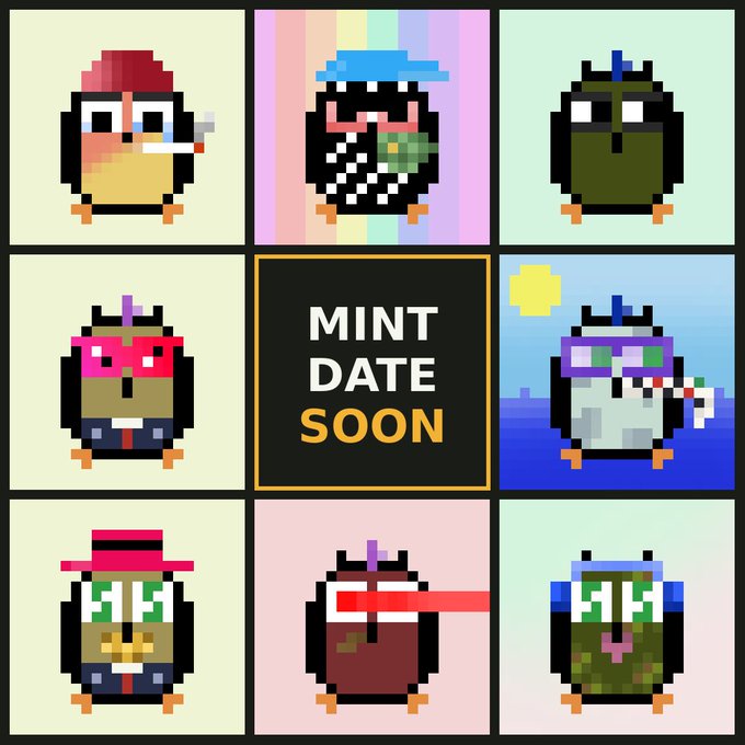 A 3x3 grid displays various pixel art penguin NFT characters with different accessories, centered around a black square reading "MINT DATE SOON".