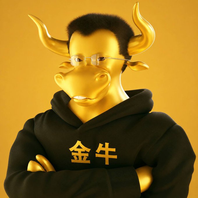 A golden bull mascot with crossed arms wears a black hoodie featuring the Chinese characters "金牛" (meaning "Golden Bull"), directly matching the post's reference to BSC's "金牛" mascot.