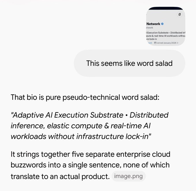 The image shows a screenshot of a Twitter/X reply criticizing the company "Network" (associated with @CestusNetwork), featuring a quoted bio that reads "Adaptive AI Execution Substrate • Distributed inference, elastic compute & real-time AI workloads without infrastructure lock-in," with the reply dismissing it as "word salad" and "pure pseudo-technical word salad" that strings together five enterprise cloud buzzwords without describing an actual product.