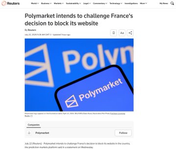 A Reuters news article headline reads 'Polymarket intends to challenge France's decision to block its website,' featuring the Polymarket logo on a phone screen.