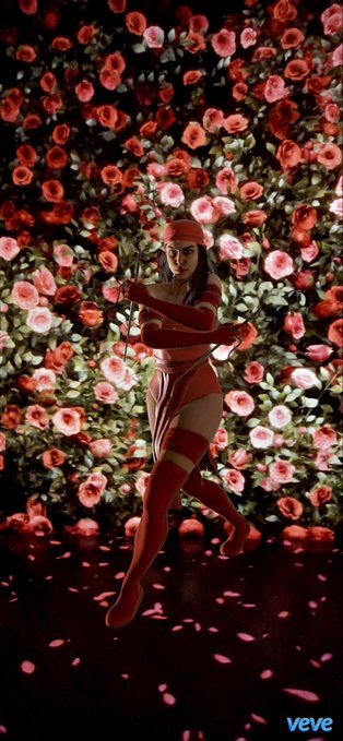 An NFT artwork from VeVe showing a dancer in a red athletic outfit holding a bow and arrow, posed against a backdrop of lush red roses with petals scattered on the floor.