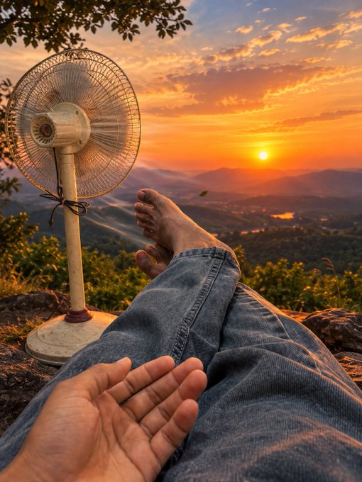 A first-person perspective photograph showing a person's legs in jeans and bare foot near an oscillating fan, overlooking a scenic sunset over mountains and valleys.