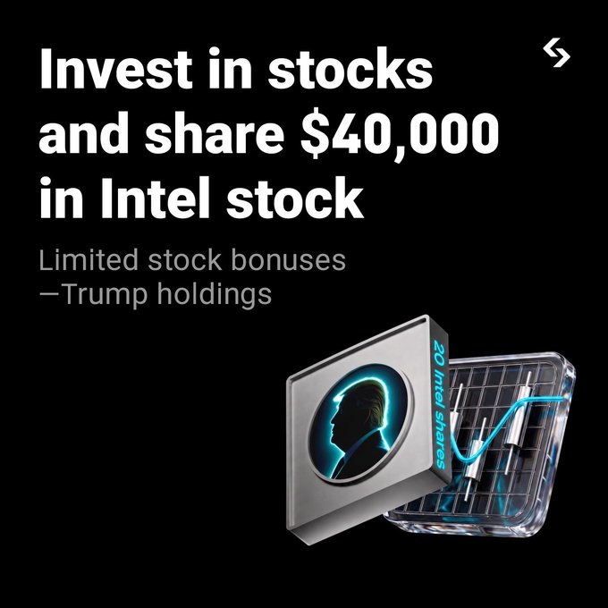 A promotional advertisement featuring the text "Invest in stocks and share $40,000 in Intel stock" with a subheading noting "Limited stock bonuses—Trump holdings." The image shows a 3D rendering of an Intel-styled box with a silhouette profile logo alongside a grid displaying candlestick chart patterns and an upward trending line graph in blue, visually reinforcing the post's offer to win $40,000 in $INTC stock.