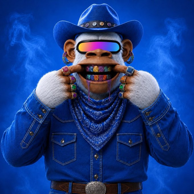 A 3D-rendered monkey character wearing a blue cowboy hat, rainbow sunglasses, a denim shirt, and a bandana, showing off colorful jeweled grillz and rings.