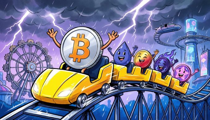 A colorful digital illustration showing a Bitcoin coin and emoji-like characters riding a yellow roller coaster through an amusement park under a stormy sky with lightning.