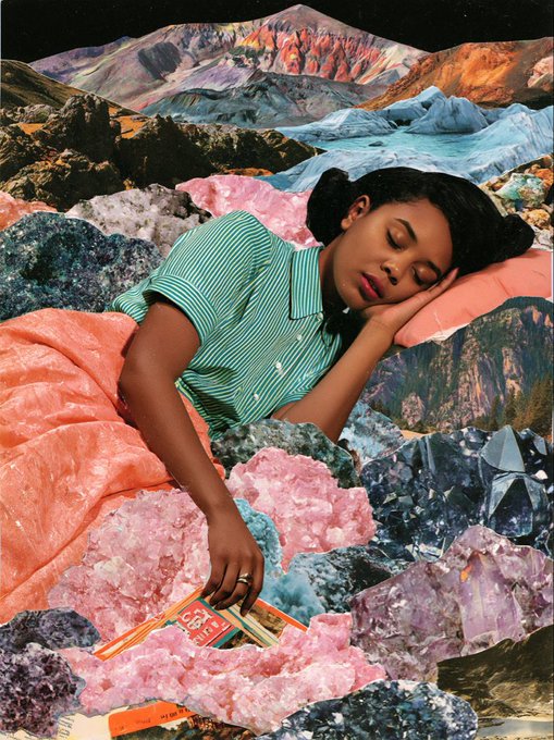A woman rests peacefully atop a bed of vibrant pink and blue crystals, wearing a green striped shirt and surrounded by a surreal mountainous landscape, with her hand resting near a matchbox. The image exemplifies the AI-generated collage art style characteristic of pieces from the "Firm Mattress" series, which is being collected and showcased in the A.I. Collection's vault on Objkt.com.