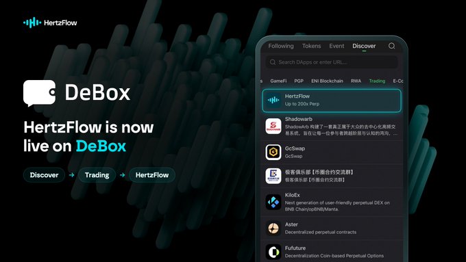 A promotional graphic announcing 'HertzFlow is now live on DeBox', showing a mobile app interface with a list of decentralized projects including HertzFlow, Shadowarb, GoSwap, and others.