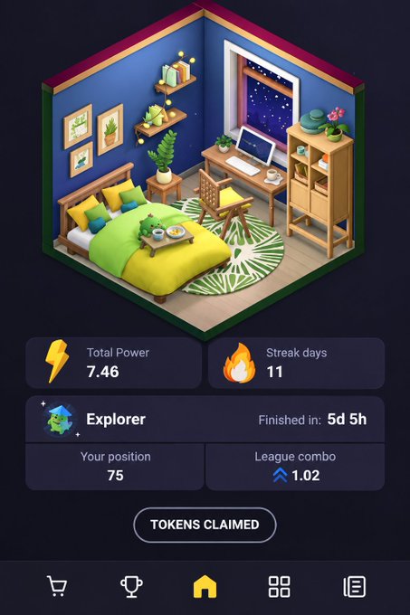 A mobile app screen displaying an isometric 3D room with a bed, desk, and plants, showing stats like 'Total Power 7.46', 'Streak days 11', and 'Explorer Finished in: 5d 5h'.