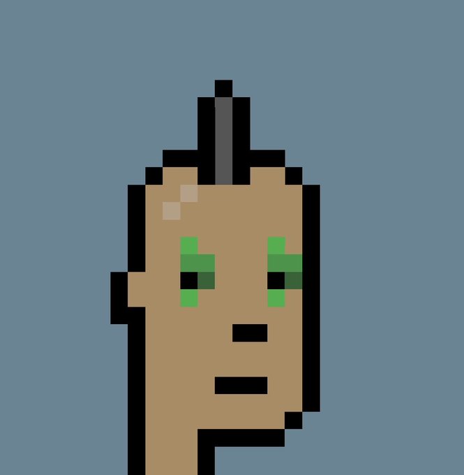A pixel-art illustration of a character with a tan complexion, bright green pupils, and a short black mohawk on top of their head, shown in profile against a solid blue background.