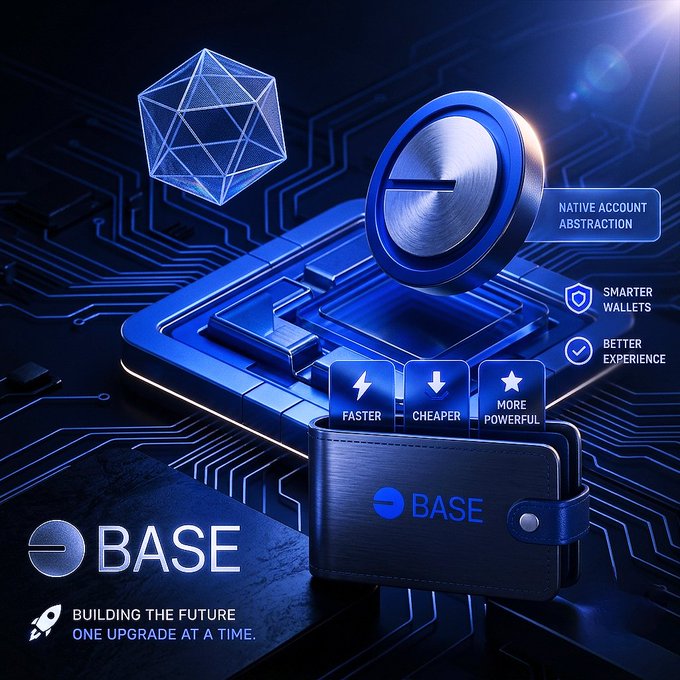 A promotional graphic for the Base blockchain network highlighting features like Native Account Abstraction, Smarter Wallets, Better Experience, Faster, Cheaper, and More Powerful, with the tagline 'Building the future one upgrade at a time.'