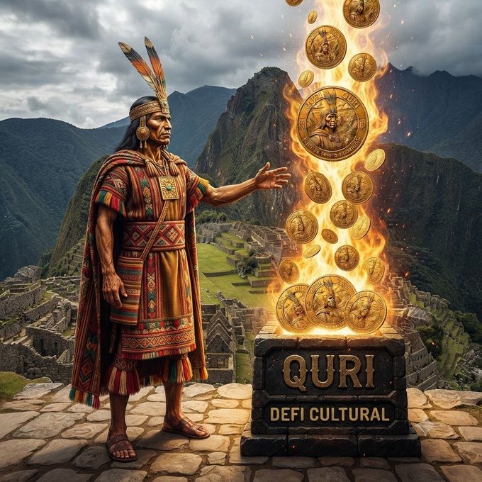 An Andean figure in traditional regalia gestures toward a stone altar inscribed "QURI / DEFI CULTURAL," where a sacred flame burns surrounded by golden coins engraved with Incan faces, set against the Machu Picchu citadel—visually embodying the post's message of community members collectively fueling the sacred fire to keep the path strong through shared contribution.