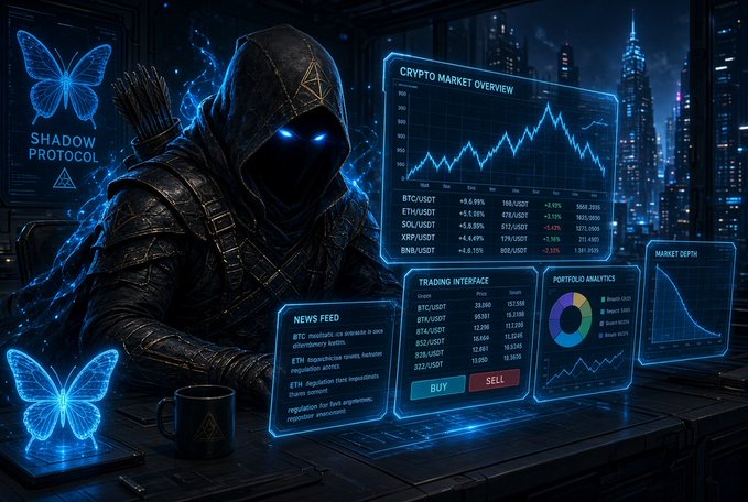 A hooded figure with glowing blue eyes, branded with the "SHADOW PROTOCOL" logo, sits before holographic screens displaying a "CRYPTO MARKET OVERVIEW" with tickers like BTC, ETH, SOL, XRP, and BNB, alongside a trading interface with BUY/SELL options and market analytics. The image visually reinforces the post's theme of piecing together a sophisticated, forward-looking technological stack like Quip Network's quantum-enabled compute marketplace, portraying it as an elite, shadowy ecosystem operating at the cutting edge of crypto and quantum infrastructure.