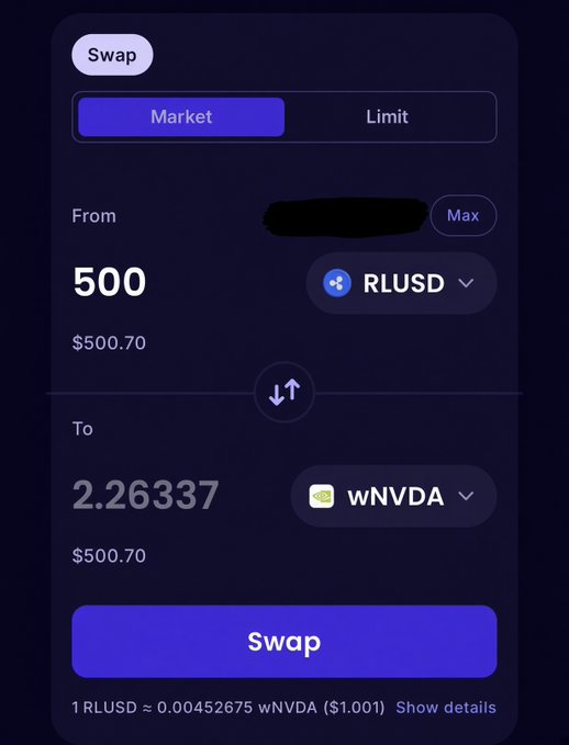 A cryptocurrency swap interface showing an exchange of 500 RLUSD for approximately 2.26337 wNVDA tokens.