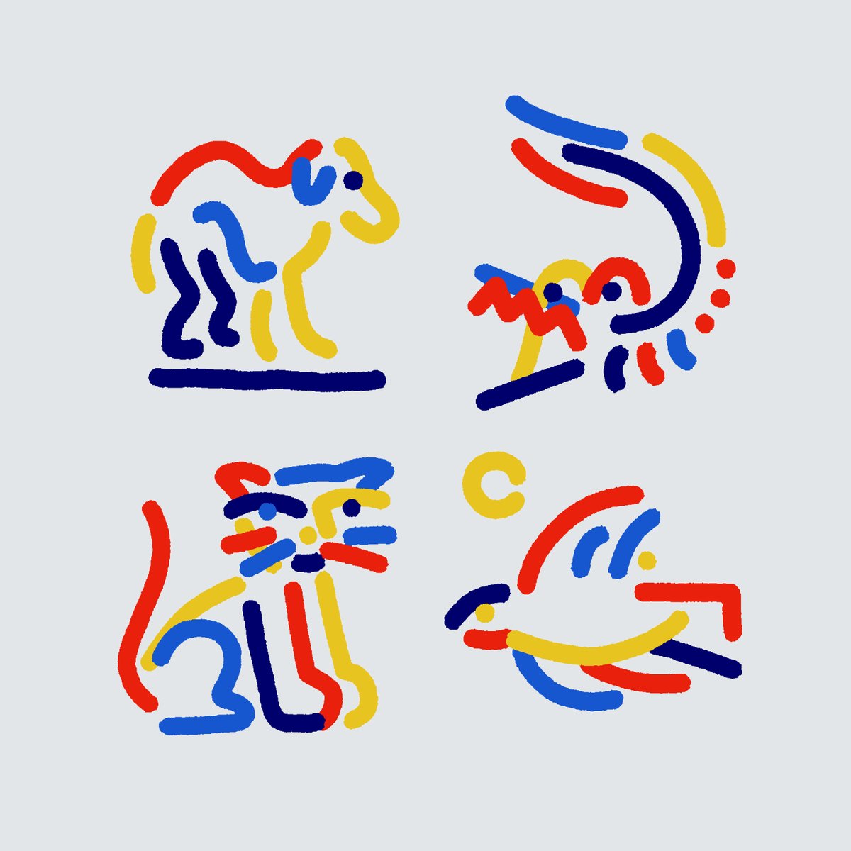The image features a collection of four different animals, each depicted using lines instead of colors. These animal illustrations are arranged in a square format against a white background. The first animal is a cat with blue lines for its body and tail, followed by a bird with red lines on its wings and tail, a mouse with yellow lines for its body and tail, and finally, a dog with orange lines for its body and tail. Each illustration showcases the unique characteristics of their respective animals while maintaining a consistent color scheme throughout the square arrangement.