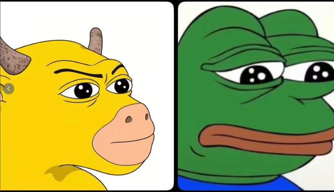 A yellow bull character with a smirking expression appears on the left, alongside a sad, droopy-eyed Pepe the Frog on the right, evoking the legendary meme of Niu Lai (bull and frog) reuniting. The image visually represents the long-awaited reunion described in the accompanying text, where "Niu Lai's eternal bottom has emerged" as a moment of historic significance.