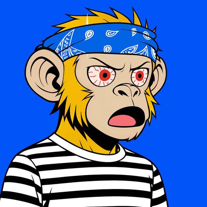 The image features a cartoon monkey with red eyes wearing a bandana and striped shirt. The monkey appears to be making an angry face, possibly expressing frustration or annoyance. The caption of the image reads "Red eyes, full send. Ape ain't sleeping till we moon. Apechain season never ended @apesonape". This text is located at the bottom right corner of the image and seems to be related to a post about the monkey character from the series "Ape Chronicles".