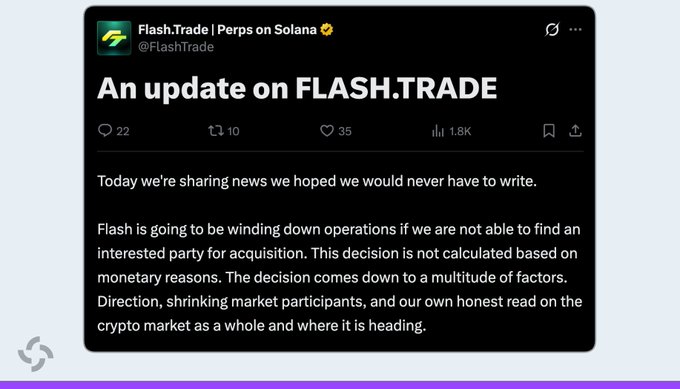 A tweet from @FlashTrade announcing 'An update on FLASH.TRADE', stating that Flash is winding down operations if no acquisition party is found, with 1.8K views.