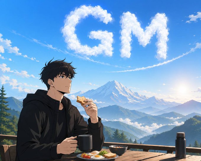 An anime illustration of a young man having breakfast with biscuits and tea on a balcony overlooking snow-capped mountains, with 'GM' spelled out in clouds in the sky.