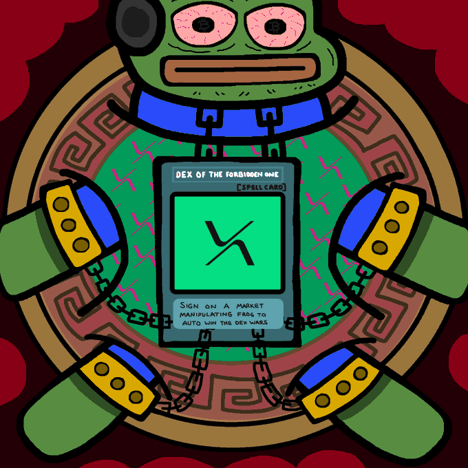 A cartoon frog holds up a "DEX OF THE FORBIDDEN ONE [SPELL CARD]" reading "SIGN ON A MARKET MANIPULATING FROG TO AUTO WIN THE DEX WARS," humorously framing trading on the endorsed perp DEX as a spell-card cheat code to automatically win the ongoing dex wars.
