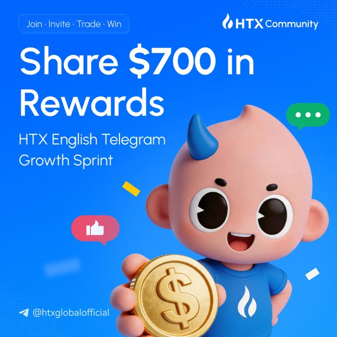 The image displays a cartoon boy standing against a blue background, holding up a gold coin that reads "Share $700 in rewards". The backdrop features various forms of communication, such as social media icons and text messages. Below this, there is a promotional message inviting people to join the HTX Community for trading opportunities.