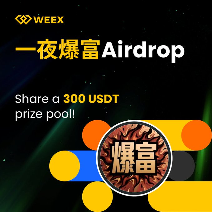A WEEX promotional banner featuring the "一夜暴富 Airdrop" campaign, advertising a shared 300 USDT prize pool with colorful geometric design elements and Chinese characters meaning "get rich overnight" in the central medallion, matching the airdrop event details in the post.