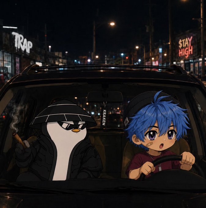 The image features a cartoon penguin sitting inside a car with a human driver, both wearing sunglasses. The penguin has a cigarette in its mouth while the driver appears to be smoking as well. The background of the image shows a city street at night with neon signs and buildings illuminated by bright lights. The post includes text such as "Happy hump day guys Plans for today: - troll Ronaldo fans - fade $HYPE - avoid gambling - rage bait my mutuals".