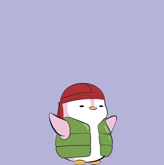 An illustration of a small cartoon penguin wearing a red beanie and a green puffer vest stands against a purple background.