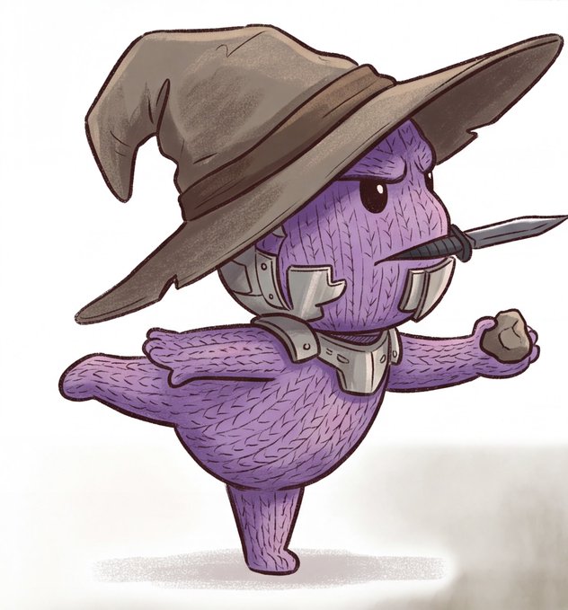 A cartoon illustration of a purple, fuzzy creature wearing a large brown wizard hat and holding a dagger in its mouth.