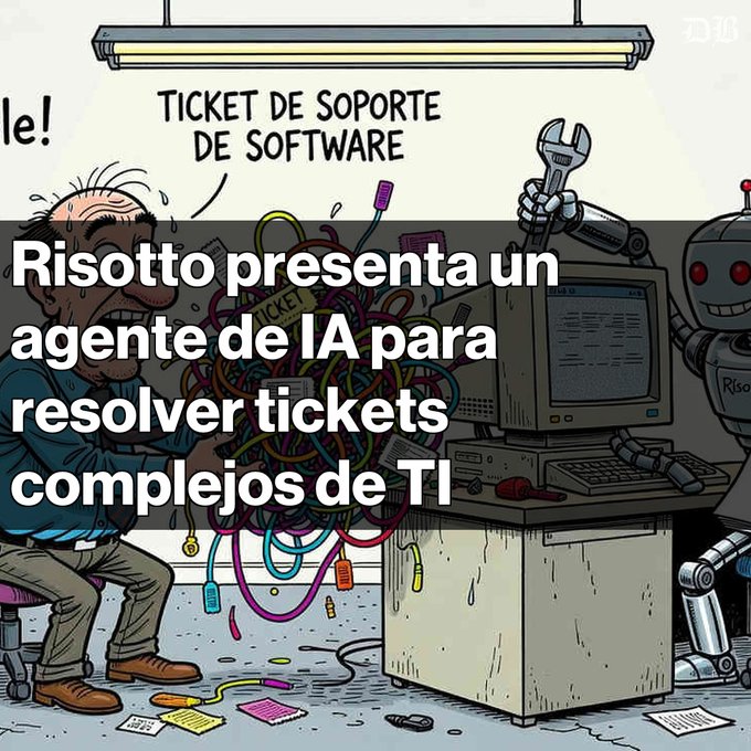 A cartoon illustration of a stressed man sitting at a desk with tangled computer wires, facing a robot holding a wrench, with Spanish text 'Ticket de soporte de software' and overlaid white text 'Risotto presenta un agente de IA para resolver tickets complejos de TI'.