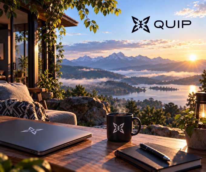A serene landscape promotional image for 'QUIP' showing a steaming black mug and laptop on a wooden deck overlooking mountains and a lake at sunset.