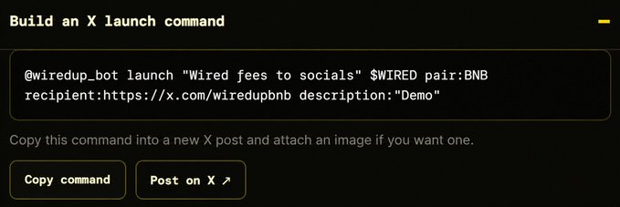 A dark-themed web interface titled 'Build an X launch command' displaying a bot command string for launching on X, with 'Copy command' and 'Post on X' buttons.
