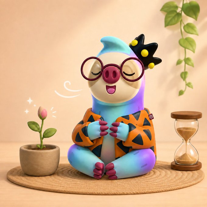 A whimsical 3D-rendered cartoon creature wearing glasses and a colorful outfit, sitting cross-legged in a meditative pose next to a potted flower and an hourglass.