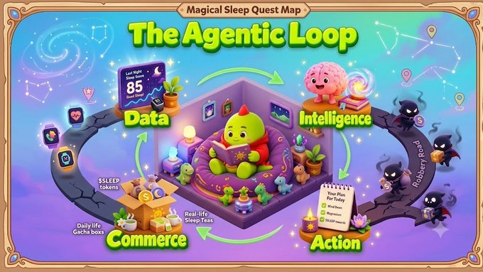 An infographic titled 'The Agentic Loop' styled like a 'Magical Sleep Quest Map', illustrating a cycle between Data, Intelligence, Action, and Commerce featuring cute monsters, sleep tokens, sleep teas, and a daily life cache boss battling robbery robots.