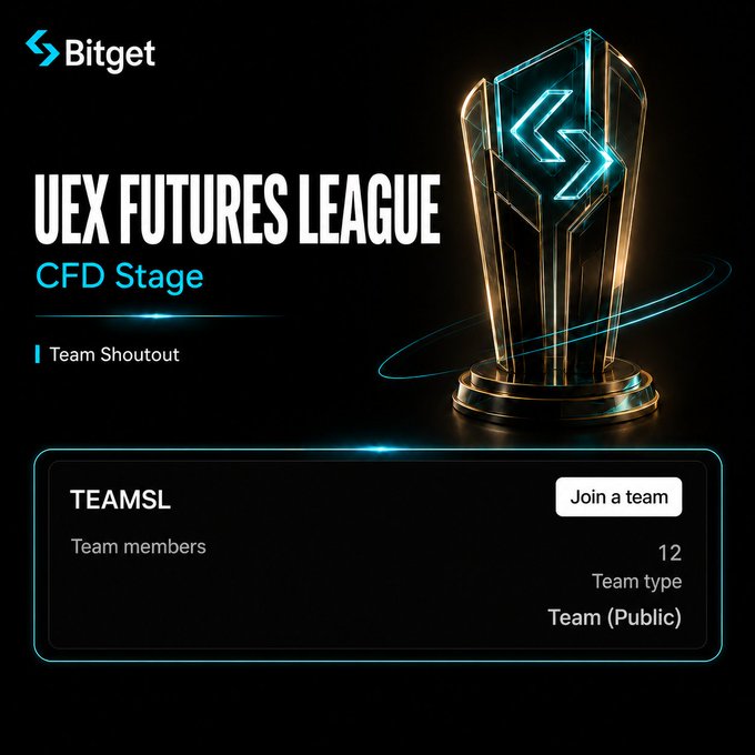 A Bitget promotional graphic for the 'UEX FUTURES LEAGUE' CFD Stage featuring a Team Shoutout for 'TEAMSL', which has 12 members and is a public team.