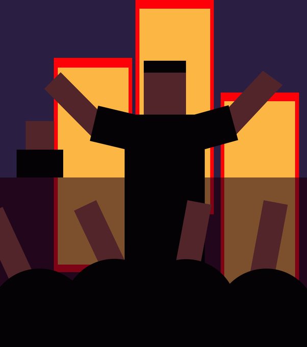 A geometric illustration of a silhouetted figure with raised arms in front of stylized yellow and red buildings against a dark purple background, with dark shapes in the foreground.