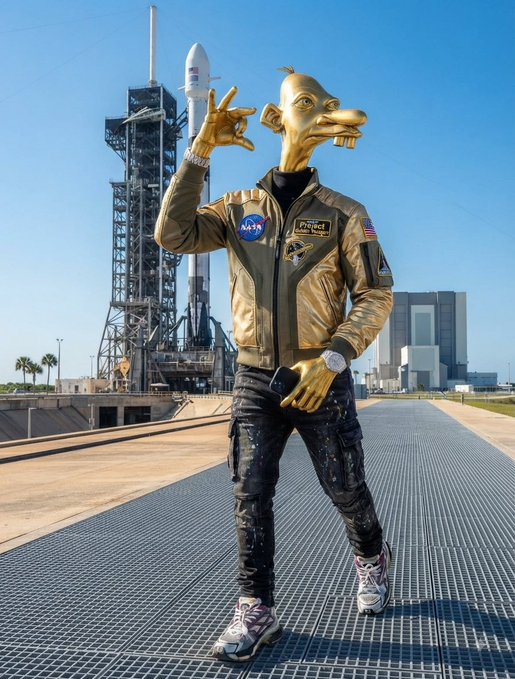 A tall alien-like figure with a stretched face wears a metallic gold NASA bomber jacket and black cargo pants, posing in front of a Falcon 9 rocket on a launch pad.