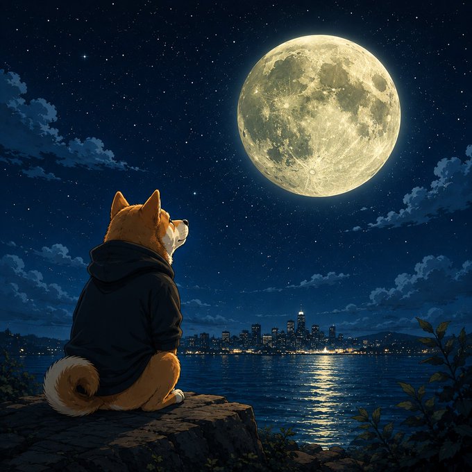 A Shiba Inu dog wearing a black hoodie sits on a rocky outcrop, gazing up at an enormous, luminous full moon over a city skyline reflected in the water—evoking the lunar theme of $MoonCoin and the canine mascot central to its meme-inspired branding.