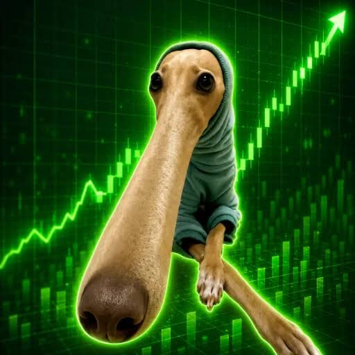 A cartoonish figure with an exaggerated long snout wears a hoodie against a backdrop of a green rising stock chart and candlestick graph, symbolizing the dramatic upward momentum and bullish growth associated with the $Looong Solana token.