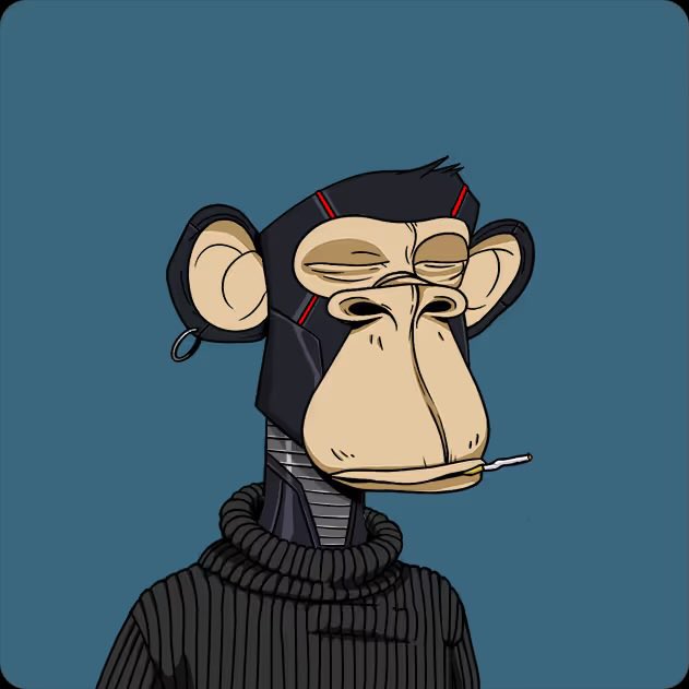 A digital illustration of a Bored Ape-style monkey NFT character with a metal earring, dark fur, and a black turtleneck sweater, smoking a cigarette against a teal background.