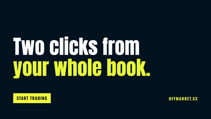An Offmarket.cx advertisement with bold text reading 'Two clicks from your whole book.' alongside a yellow 'START TRADING' call-to-action button.